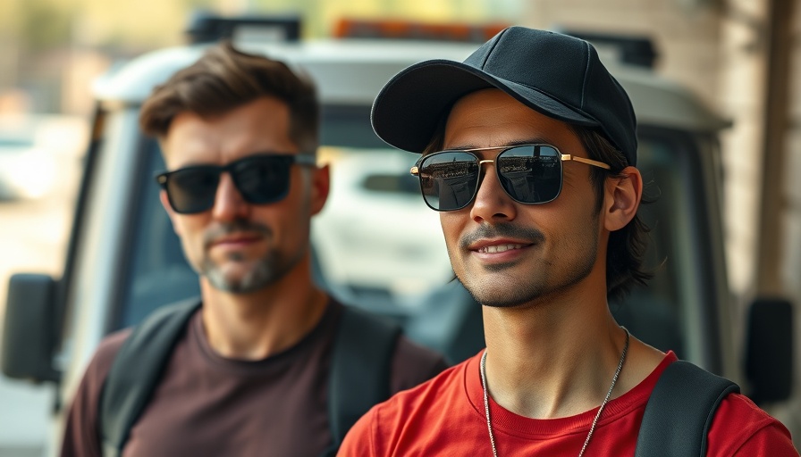 Two people in sunglasses outdoors against a dark vehicle backdrop.