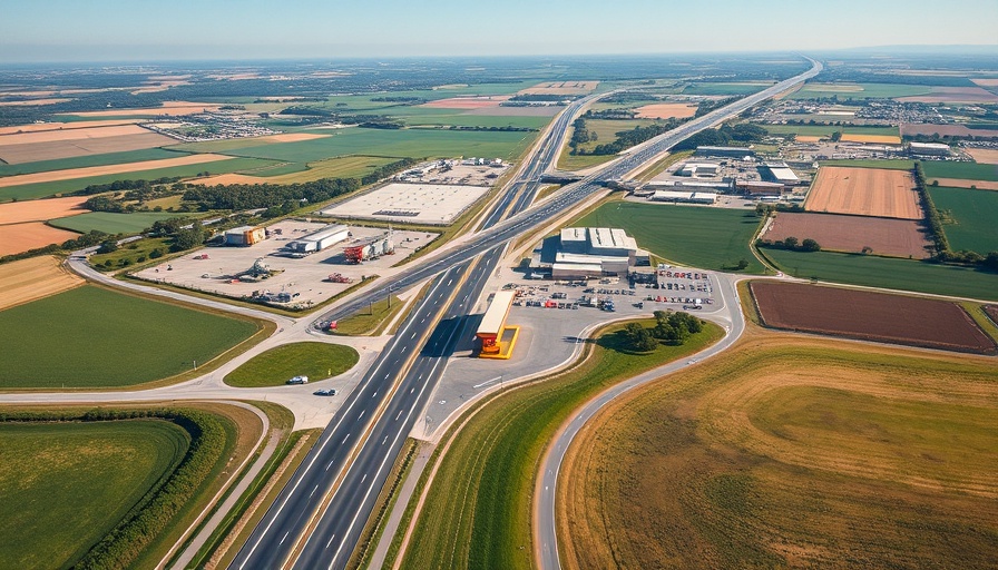 Aerial view of big business parks near Terrell with highway and signage.