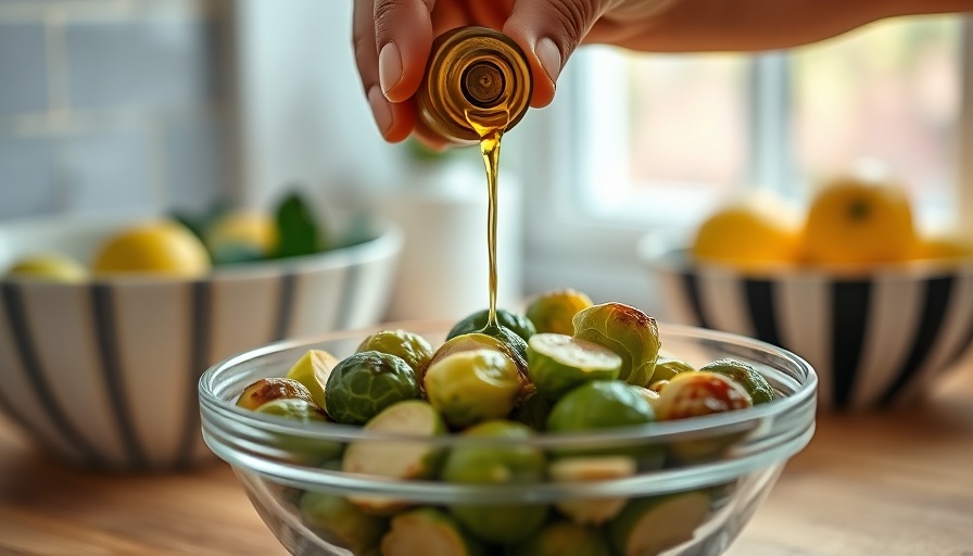 Person pouring seed oil over Brussels sprouts, health and wellness effects.