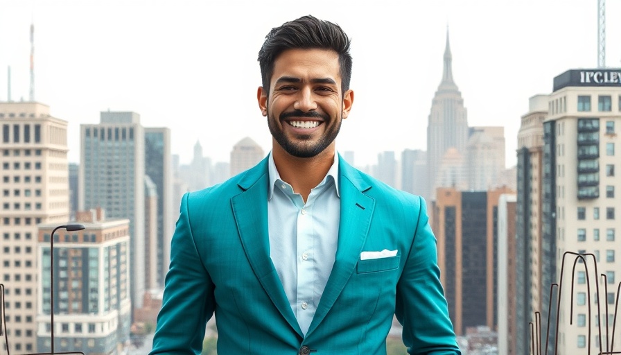 Smiling man in turquoise suit with downtown Austin Alliance backdrop.