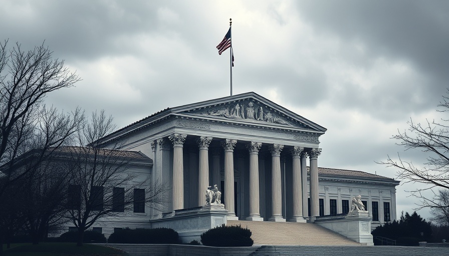 Majestic view of the U.S. Supreme Court under a clouded sky.
