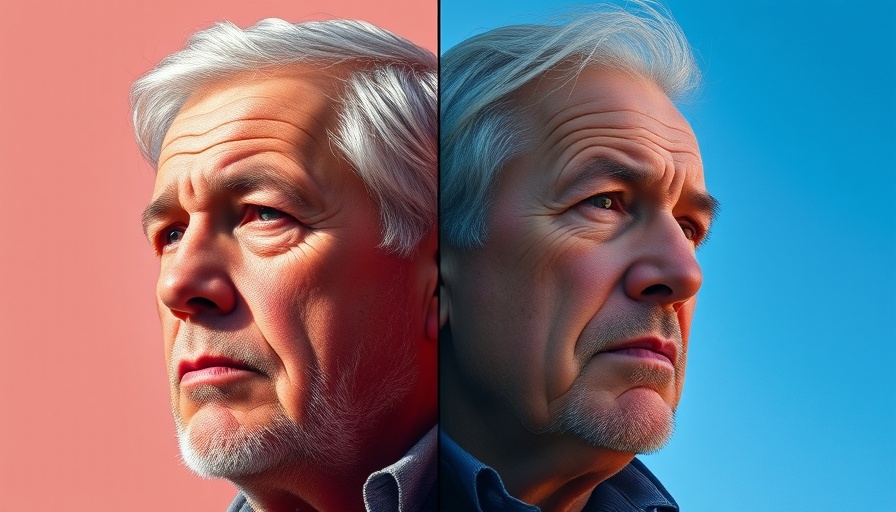 Contrasting side-by-side portraits of two serious men against blue and neutral backgrounds.