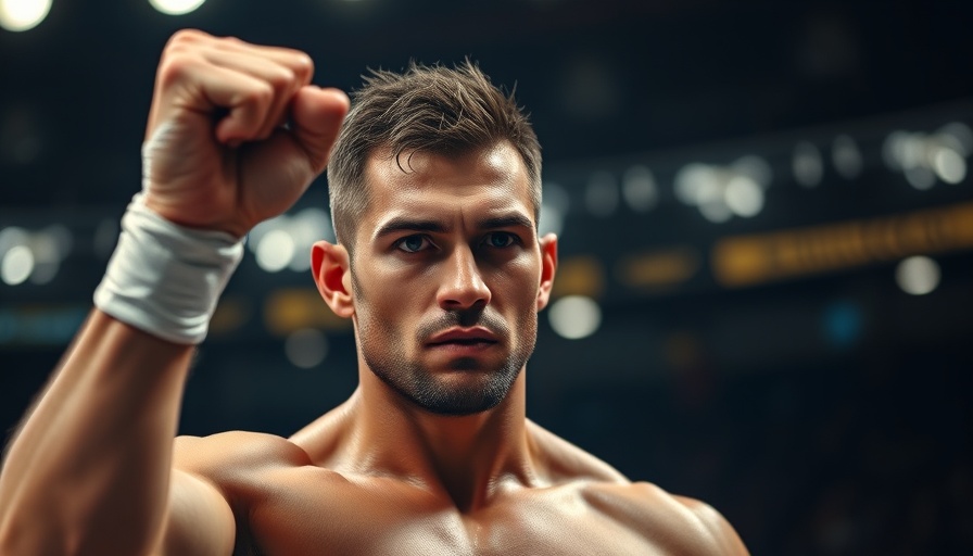 Muscular fighter raising fist, focused expression.