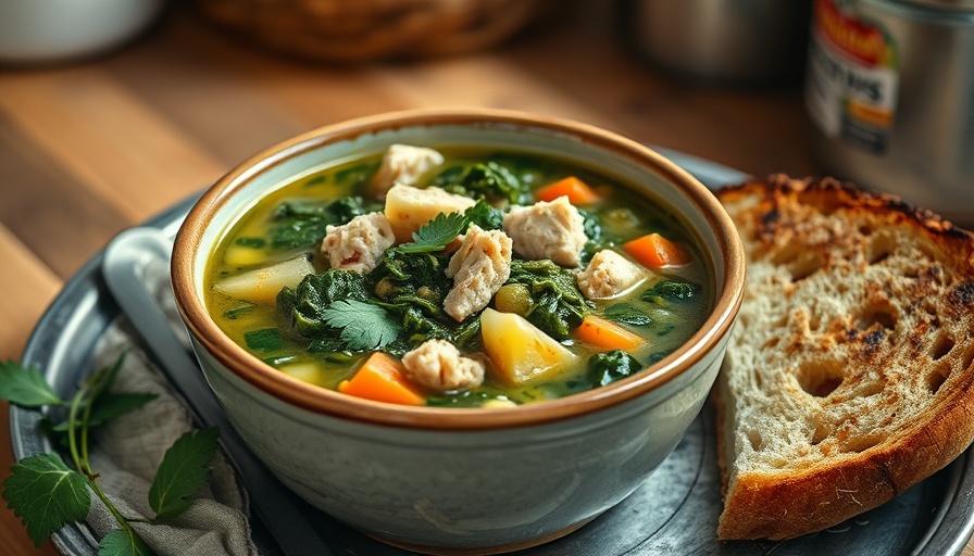 Turkey and collard green soup in a ceramic bowl with toasted bread.