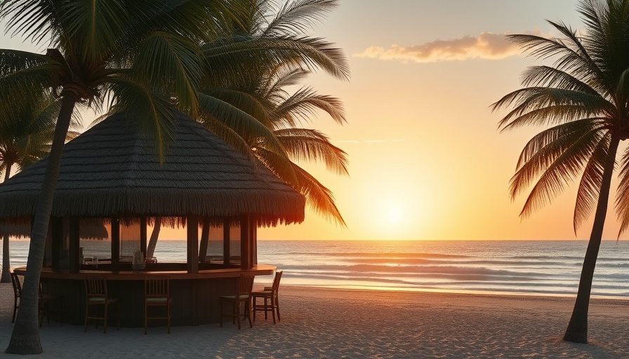 Serene beachside tiki bar during sunset, luxury Hawaiian vacation.