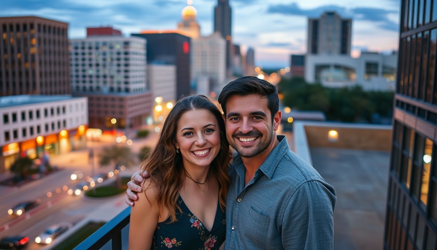 Musicians on musicians tour Austin, smiling duo on city balcony.