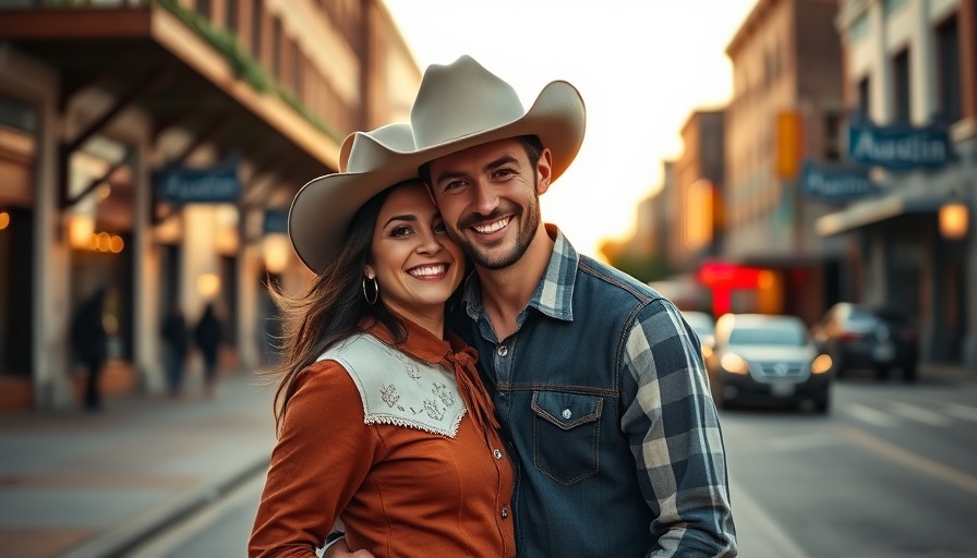Musicians on musicians tour Austin, couple in western outfits smiling.