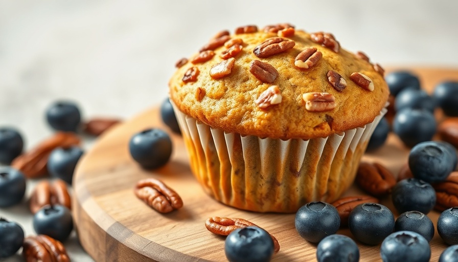 Healthy muffin with nuts on a board surrounded by pecans.