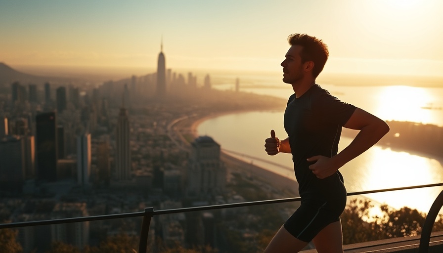 Runner training at sunrise overlooking cityscape and water.