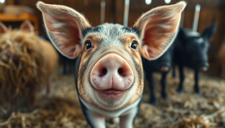 Curious pig in a straw-covered barn related to gene-edited pig liver transplant.