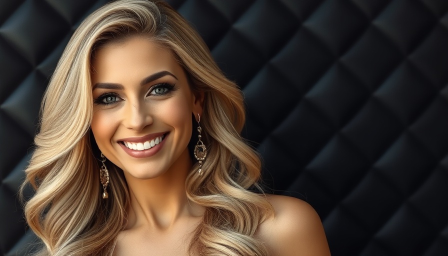 Glamorous woman smiling against quilted wall backdrop.