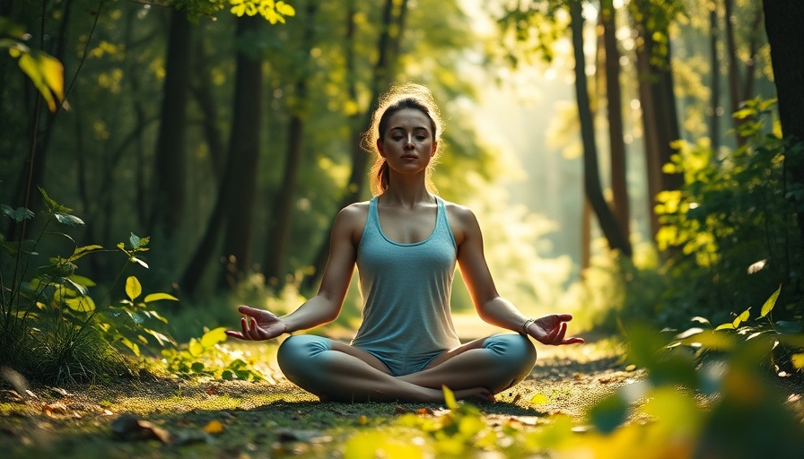 Yoga instructor meditating in serene forest for health and wellness.