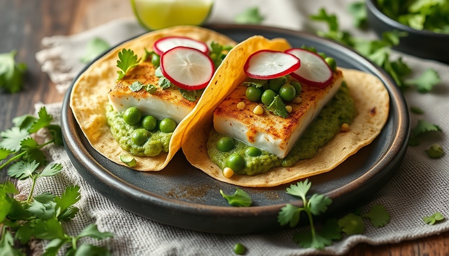 Halibut tacos with spicy cilantro pea purée and radish on a stone plate.