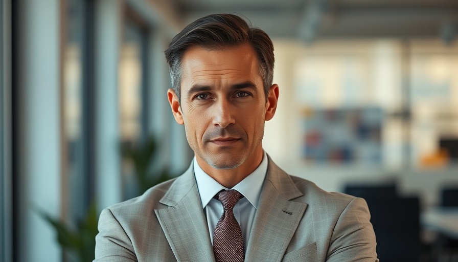 Confident man in suit with focused expression in an office setting.
