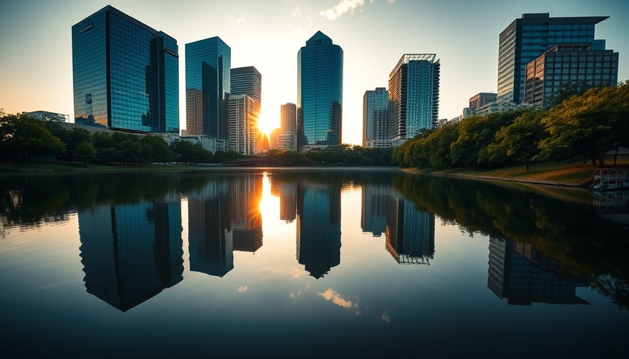Austin skyline reflecting on lake, business news.