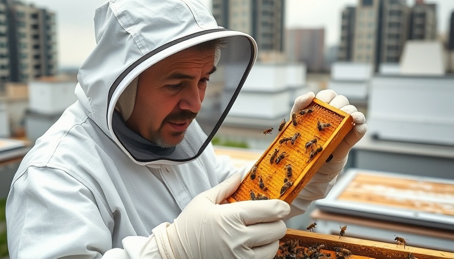 Beekeeper examining honeycomb on urban rooftop for bee-inspired dining.