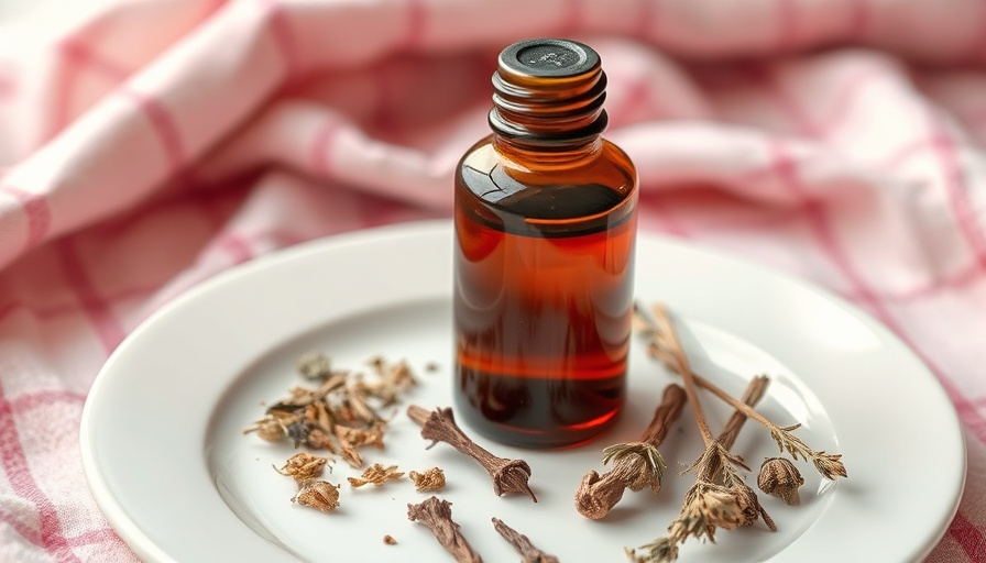 Herbal multivitamin tincture in amber bottle with dried herbs.