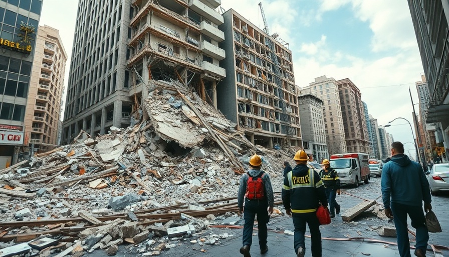 Breaking news today: Collapsed building disaster scene with rescue effort.