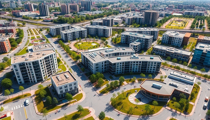 Aerial view of 75-acre mixed-use development in Bastrop, featuring modern buildings and green spaces.