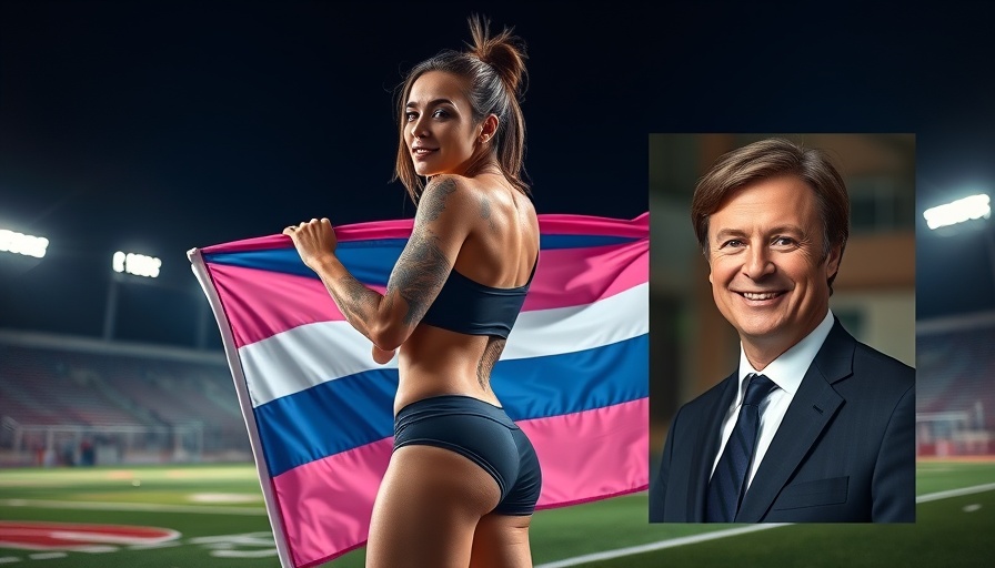 Transfeminine runner holding flag on sports field at night.