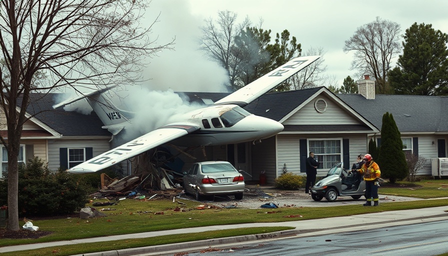 Dramatic scene of a small plane crash into a home with smoke.