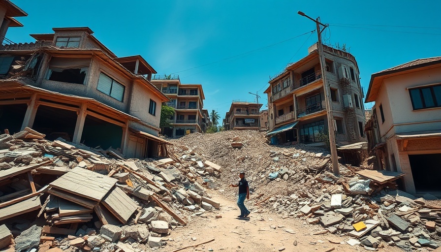 Myanmar earthquake devastation with collapsed buildings.