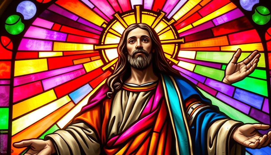 Colorful stained glass art depicting figure with outstretched arms.
