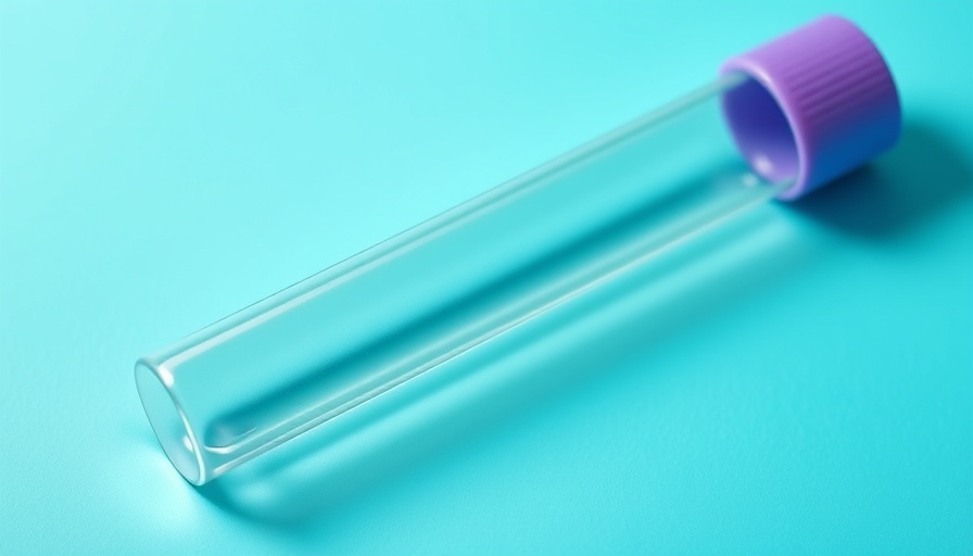 Empty test tube with purple cap on turquoise background for Alzheimer's disease blood test.