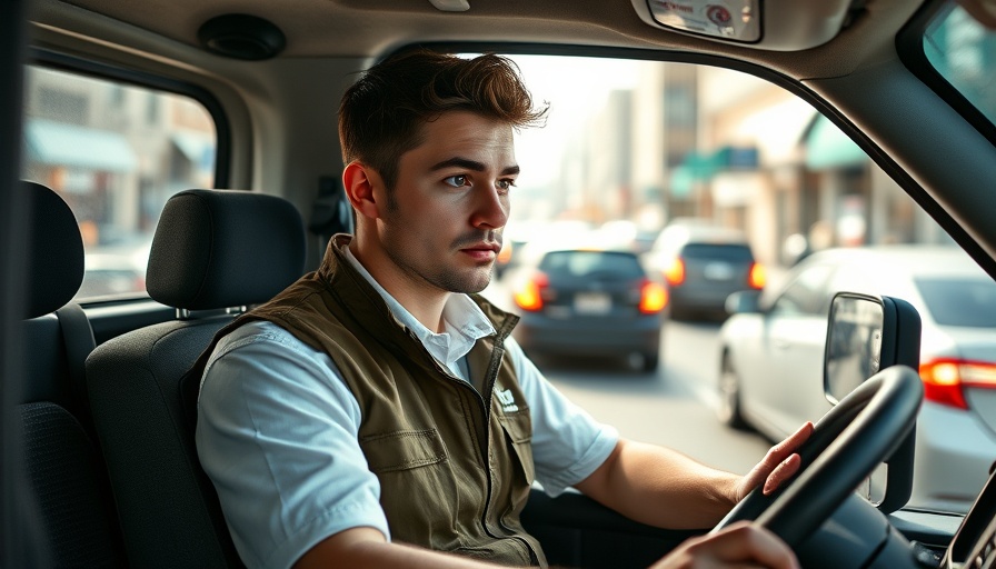 Young entrepreneur driving a van on a busy street.