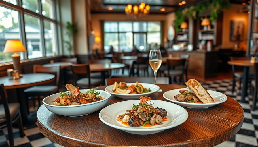 Austin lifestyle restaurant gourmet dishes on a rustic table.