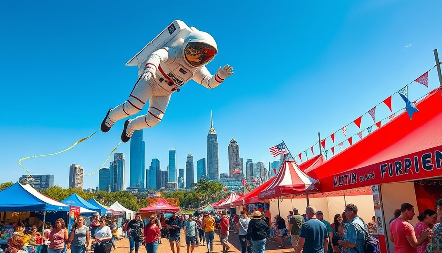 Austin lifestyle depicted with kite festival and city skyline.
