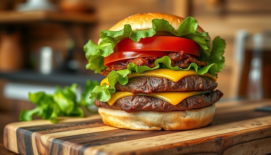 Juicy Angus beef burger with fresh toppings on a wooden board.