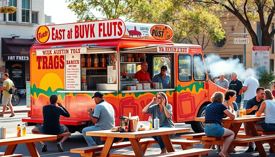 Parish Barbecue food truck in East Austin with people enjoying meals.
