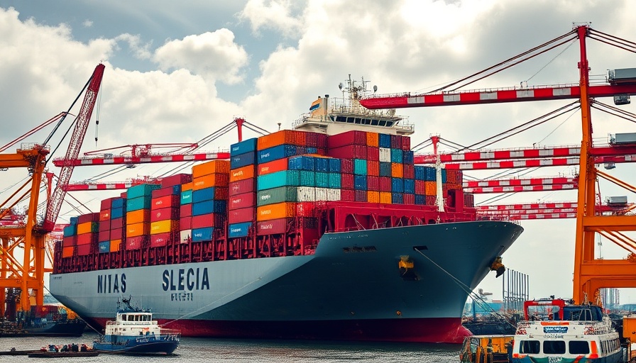 Large cargo ship at port amid Trump's tariff announcement, cranes visible.
