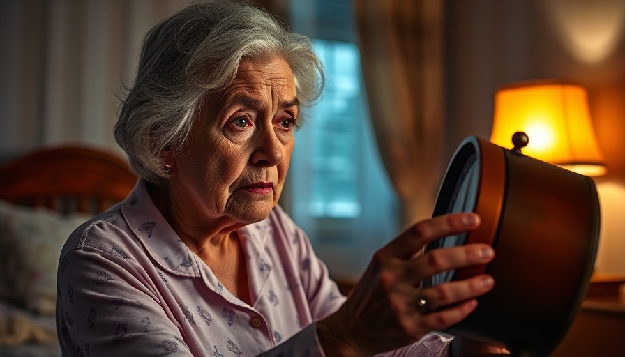 Elderly woman in bed, concerned about time, related to sleep stages and Alzheimer’s risk.
