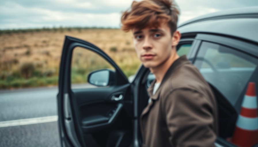 Blurry man standing by open car door near traffic cone.