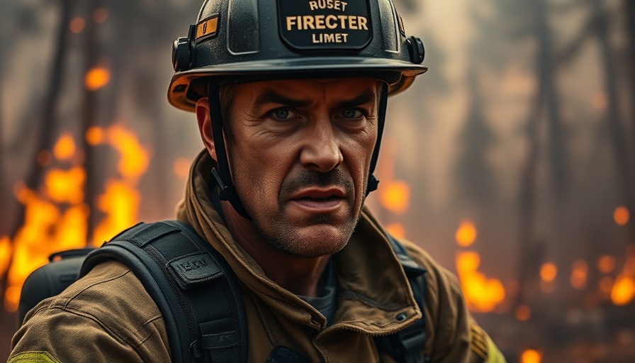 Courageous firefighter battling Texas wildfire, detailed flames.