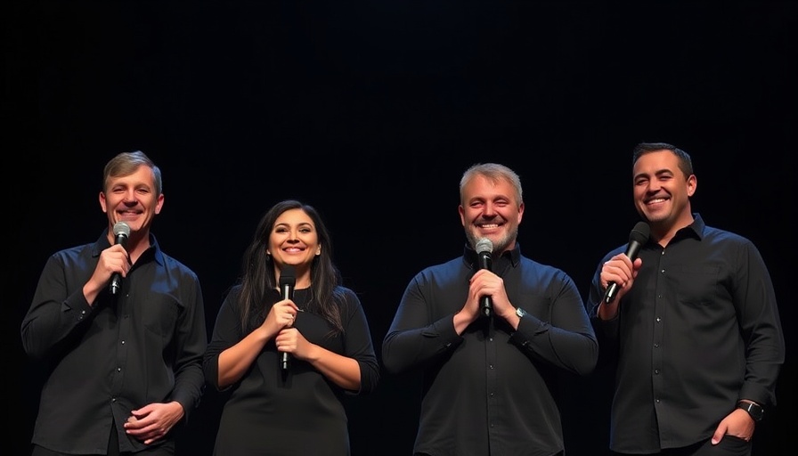 The Beatles biopics cast revealed: four actors on stage smiling in black attire.