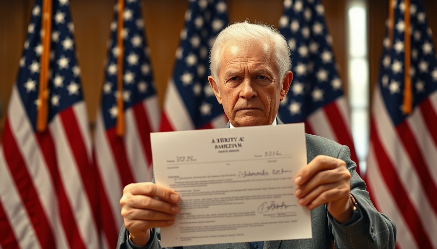 Elderly man shows signed document, concept of reciprocal tariffs.