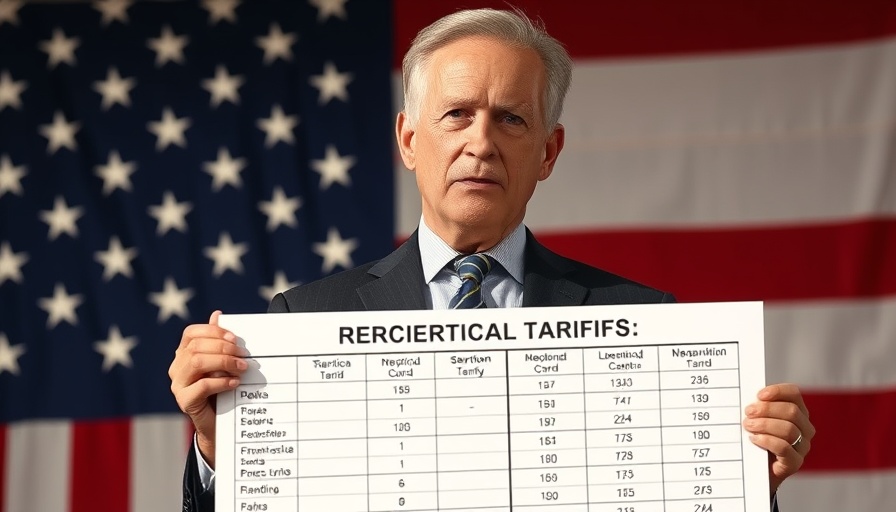 Male speaker with reciprocal tariffs chart, discussing trade policies.
