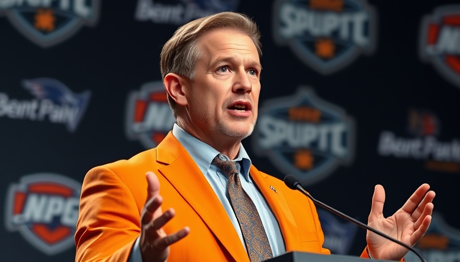 Confident speaker at sports press conference highlighting leadership qualities.