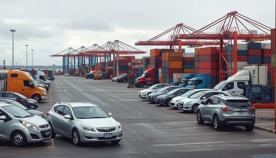 View of a shipping yard with cars and machinery depicting Trump auto tariffs impact.