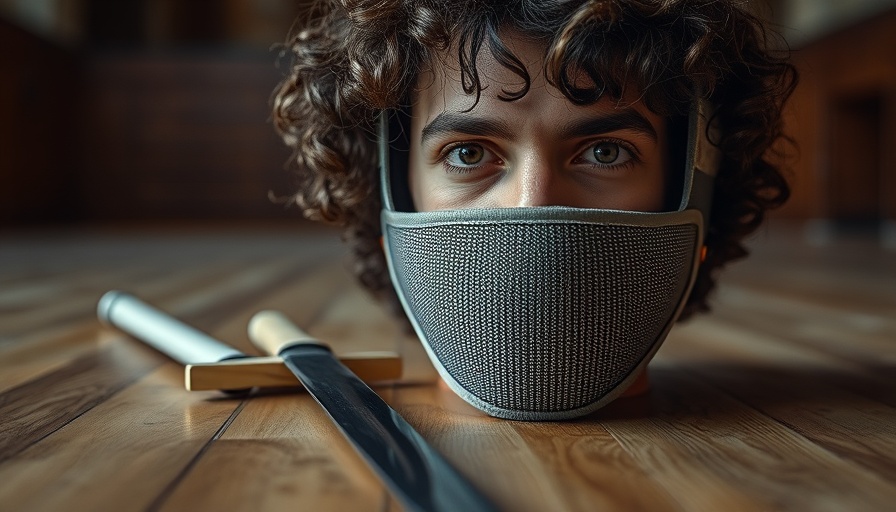 Fencing mask and sabre next to portrait of curly-haired individual.