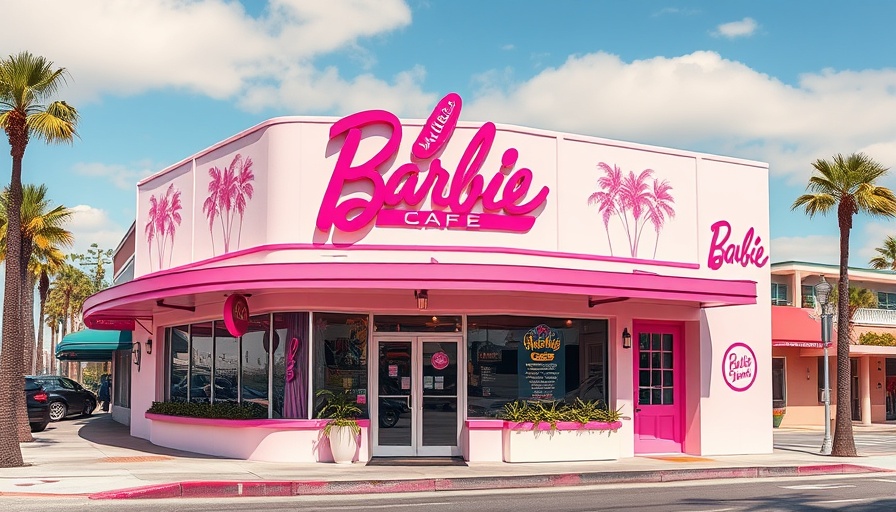 Vibrant exterior of Malibu Barbie Cafe in Austin.