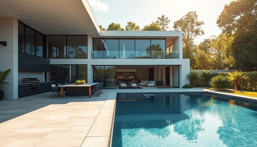 Austin luxury home with outdoor pool and kitchen, sunlit view