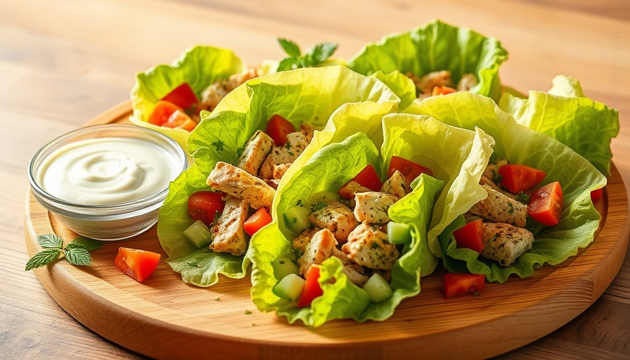 Sheet Pan Chicken Shawarma Lettuce Bundles with sauce on a tray.