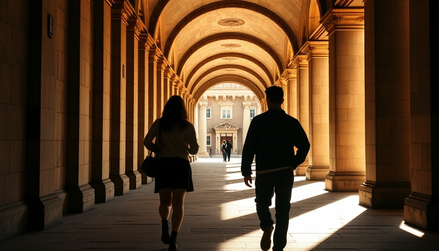 Two students walking through stone archway at university, sunny day.