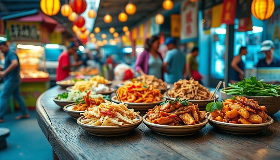 Colorful Indo-Chinese street food in Austin market scene.