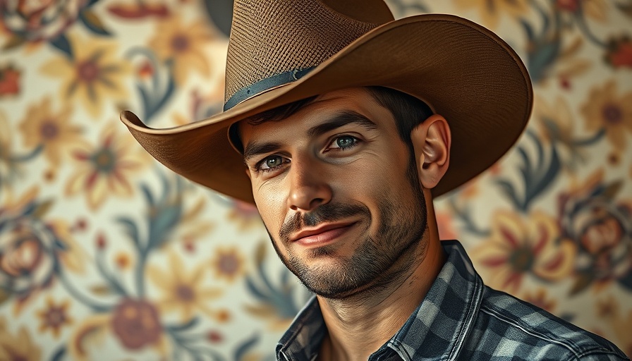 Man in cowboy hat smiling confidently, floral background.