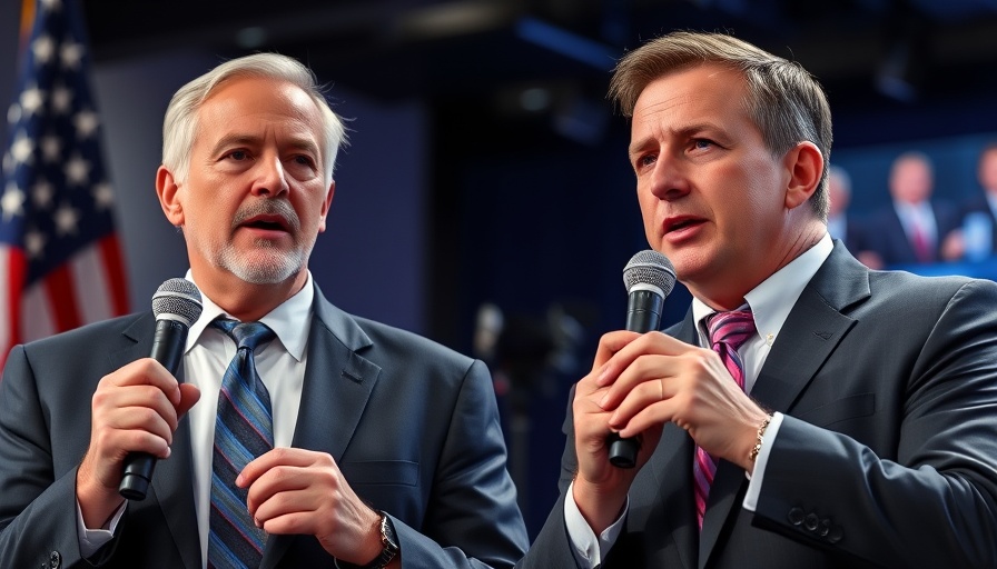 Two men engaged in public speaking with microphones in a professional setting.